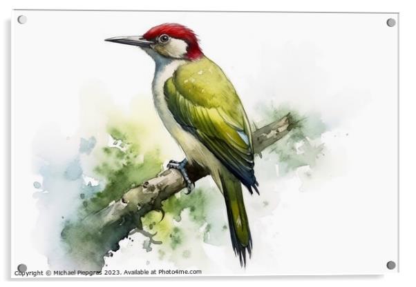 Watercolor painted green woodpecker on a white background. Acrylic by Michael Piepgras