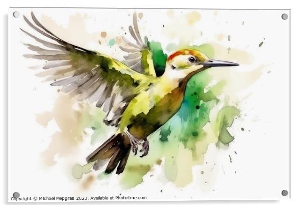 Watercolor painted green woodpecker on a white background. Acrylic by Michael Piepgras