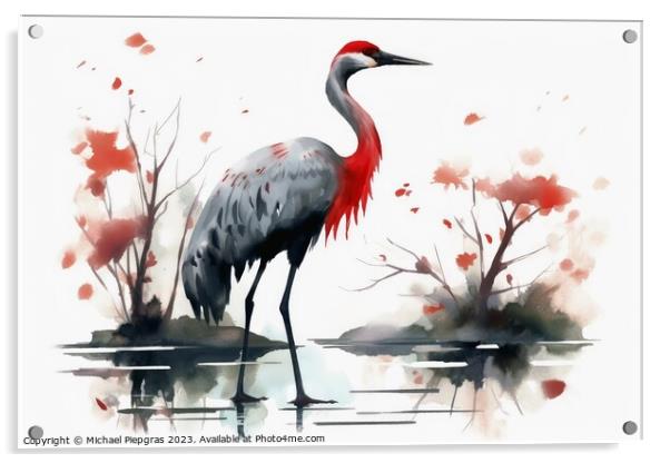 Watercolor painted crane bird on a white background. Acrylic by Michael Piepgras