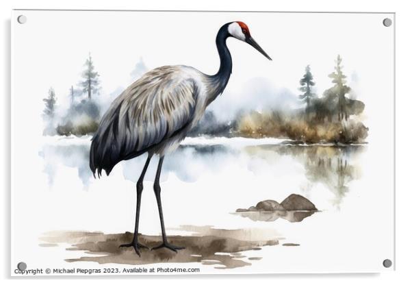 Watercolor painted crane bird on a white background. Acrylic by Michael Piepgras