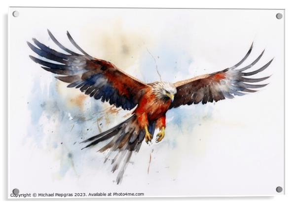 Watercolor painted red kite bird on a white background. Acrylic by Michael Piepgras
