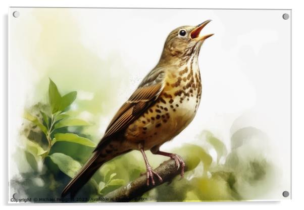 Watercolor painted song thrush bird on a white background. Acrylic by Michael Piepgras