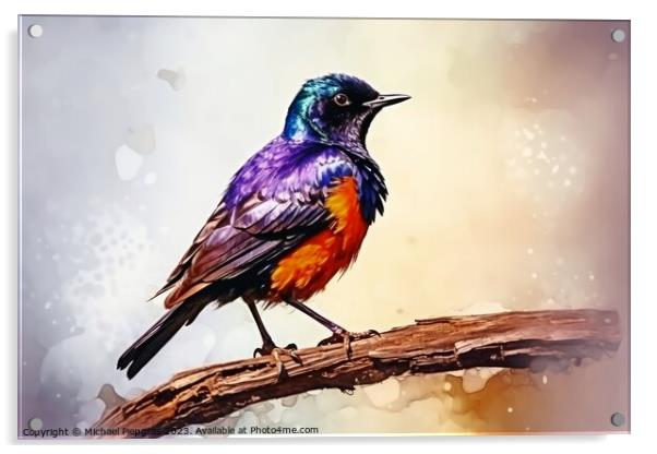 Watercolor painted starling on a white background. Acrylic by Michael Piepgras