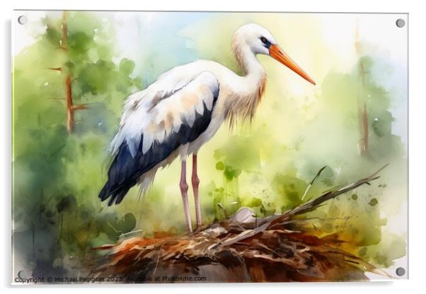 Watercolor painted white stork on a white background. Acrylic by Michael Piepgras