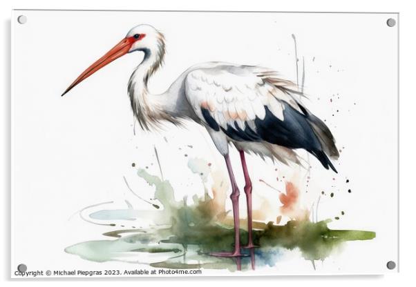 Watercolor painted white stork on a white background. Acrylic by Michael Piepgras