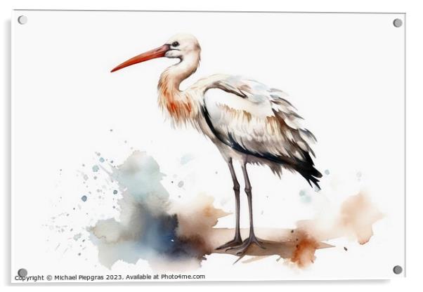 Watercolor painted white stork on a white background. Acrylic by Michael Piepgras