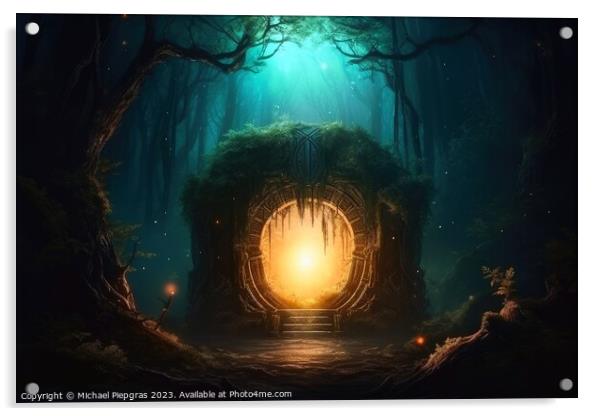 A mysterious portal into a fantasy world in a glowing forest at  Acrylic by Michael Piepgras