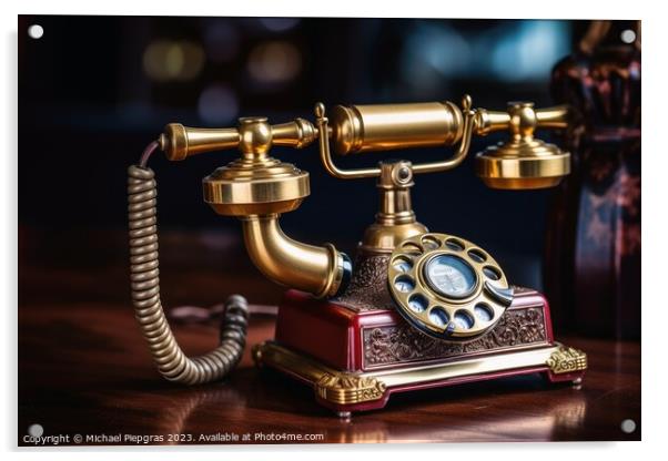 A vintage telephone on a wooden table created with generative AI Acrylic by Michael Piepgras