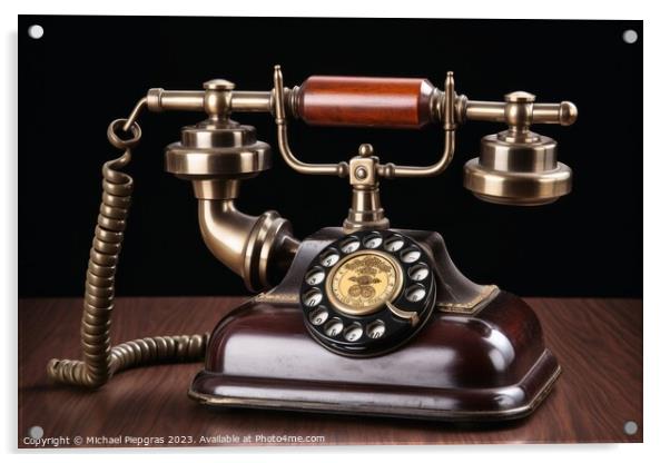 A vintage telephone on a wooden table created with generative AI Acrylic by Michael Piepgras