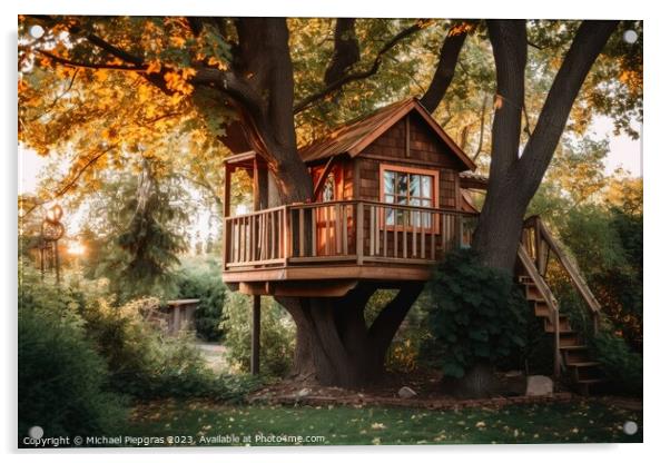 A wooden tree house for kids created with generative AI technolo Acrylic by Michael Piepgras