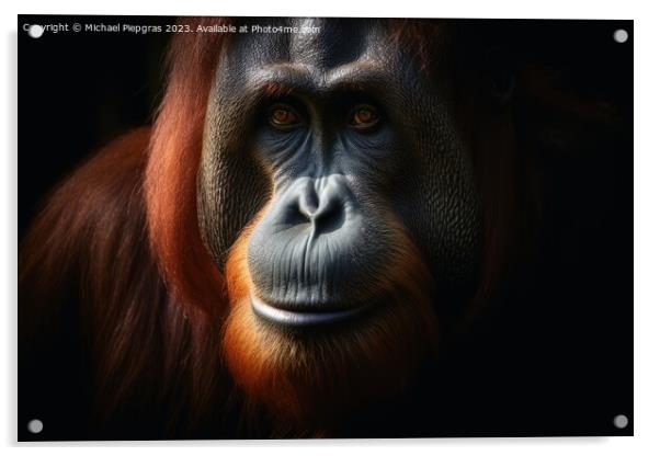 Close up view of an orang utan against a dark background created Acrylic by Michael Piepgras