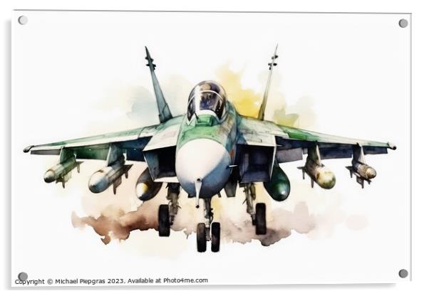 Watercolor military jet on white background created with generat Acrylic by Michael Piepgras