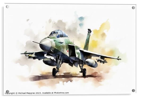 Watercolor military jet on white background created with generat Acrylic by Michael Piepgras