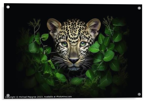 A close up portrait of mesmerizing leopard photography created w Acrylic by Michael Piepgras