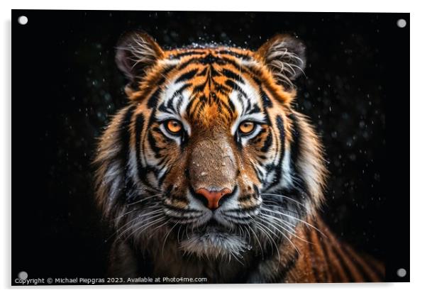 A close up portrait of mesmerizing tiger photography created wit Acrylic by Michael Piepgras