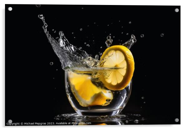 A lemon slice splashing into a cold cocktail created with genera Acrylic by Michael Piepgras