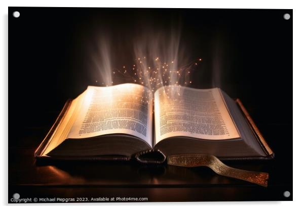 A shining holy bible with a glowing halo created with generative Acrylic by Michael Piepgras