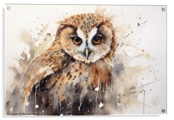 Watercolor painting of an owl on a white background. Acrylic by Michael Piepgras