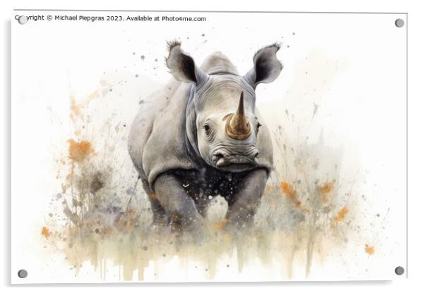 Watercolor painting of a Rhino on a white background. Acrylic by Michael Piepgras