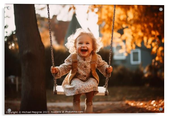 A cheerful and happy smiling child on a swing created with gener Acrylic by Michael Piepgras