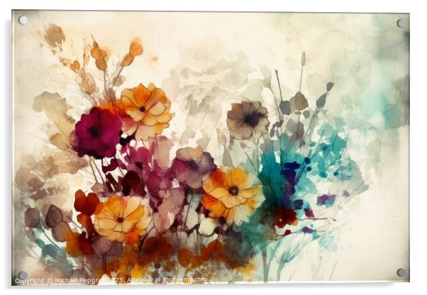 Abstract artwork of flowers in watercolor style with a paper tex Acrylic by Michael Piepgras