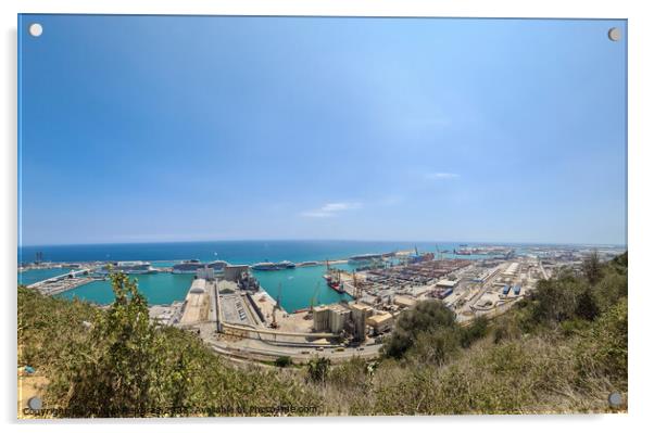 Aerial View of the industrial port of Barcelona on a sunny summer day. Acrylic by Michael Piepgras