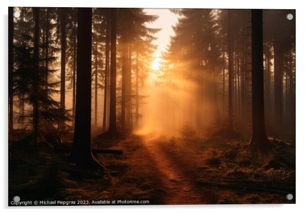 A sunrise in a misty forest. Acrylic by Michael Piepgras