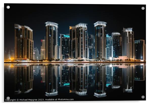 A skyline of a big city in the night with water reflections. Acrylic by Michael Piepgras