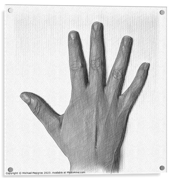 A pencil drawing of a human hand showing gestures. Acrylic by Michael Piepgras