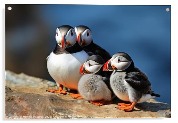 Puffin birds with babies at a coast. Acrylic by Michael Piepgras