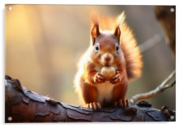 Close up of squirrel on branch looking for a nut. Acrylic by Michael Piepgras