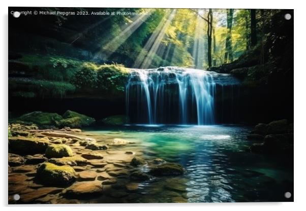 Long exposure of small river with waterfall in idyllic forest. Acrylic by Michael Piepgras