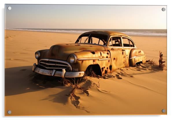 A vintage car rotting next to a sandy road. Acrylic by Michael Piepgras