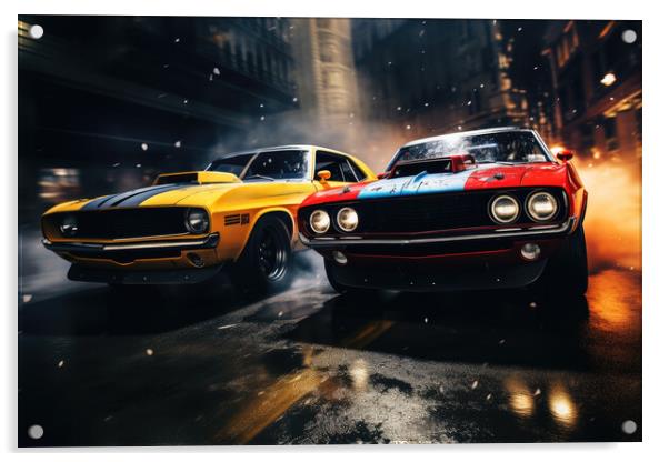 Two musclecars driving a race in a city. Acrylic by Michael Piepgras