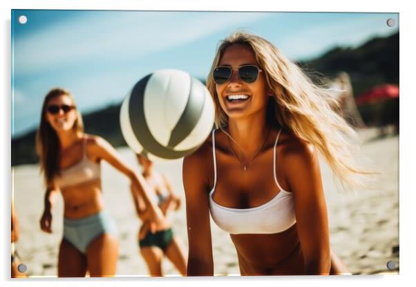 Attractive women playing beach volleyball on a sunny day. Acrylic by Michael Piepgras