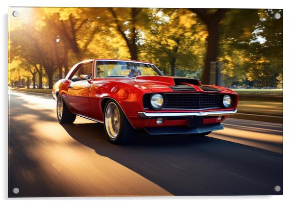 A classic muscle car revving its engine, capturing nostalgia and Acrylic by Michael Piepgras