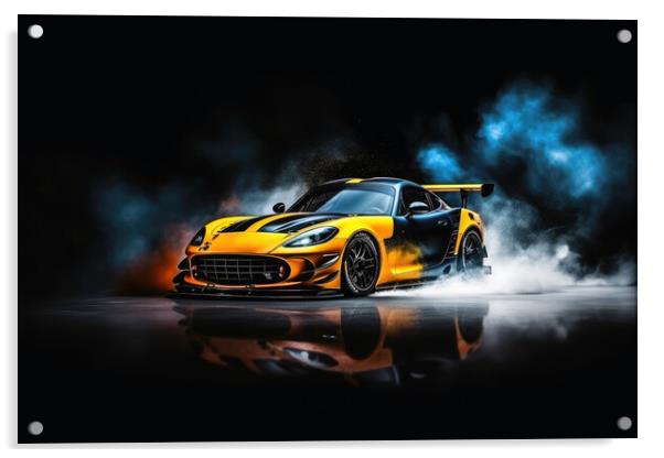 A drifting sports car on dark background with smoke. Acrylic by Michael Piepgras