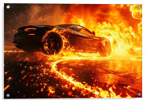 A fast car jumps and a ring of fire. Acrylic by Michael Piepgras