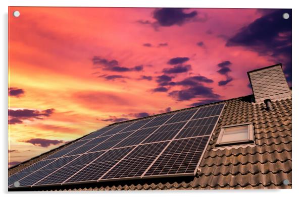 Solar panels producing clean energy on a roof of a residential house during sunset. Acrylic by Michael Piepgras