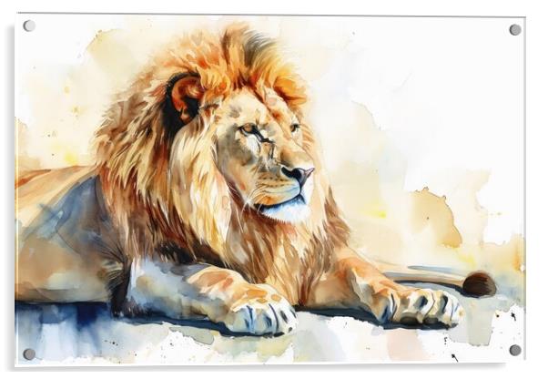 Watercolor of a big impressive lion on white. Acrylic by Michael Piepgras