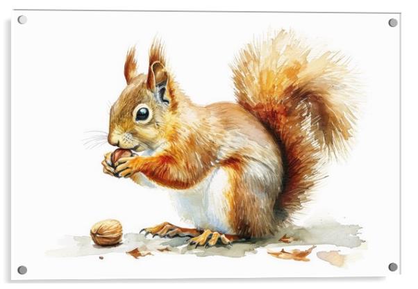 Watercolor of a cut squirrel with a nut on white. Acrylic by Michael Piepgras