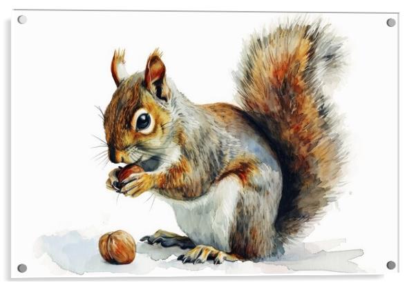 Watercolor of a cut squirrel with a nut on white. Acrylic by Michael Piepgras