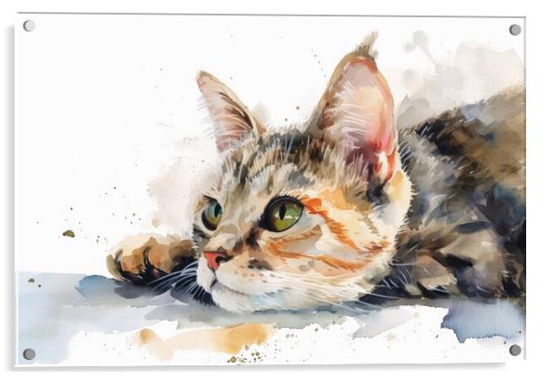 Watercolor of a cute cat on white. Acrylic by Michael Piepgras