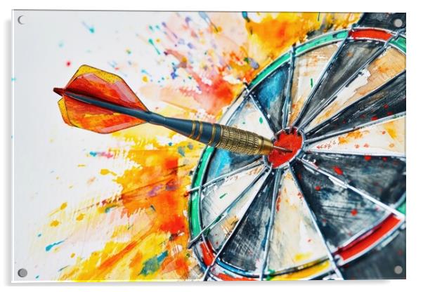 Watercolor of a dart hitting the target perfectly. Acrylic by Michael Piepgras
