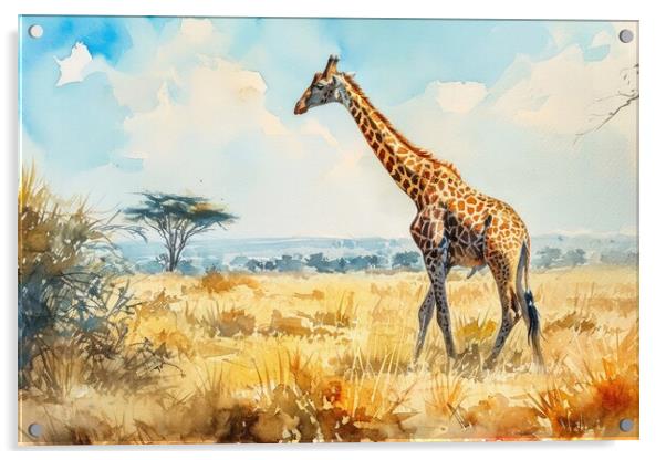 Watercolor of a Giraffe in the Savannah. Acrylic by Michael Piepgras