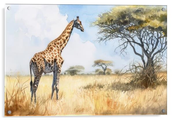 Watercolor of a Giraffe in the Savannah. Acrylic by Michael Piepgras