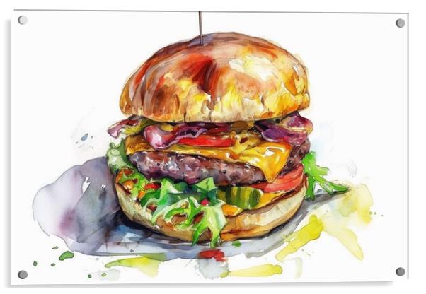 Watercolor of a tasty burger on white. Acrylic by Michael Piepgras