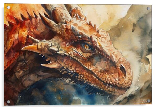 Watercolor of an impressive dragon spying fire. Acrylic by Michael Piepgras