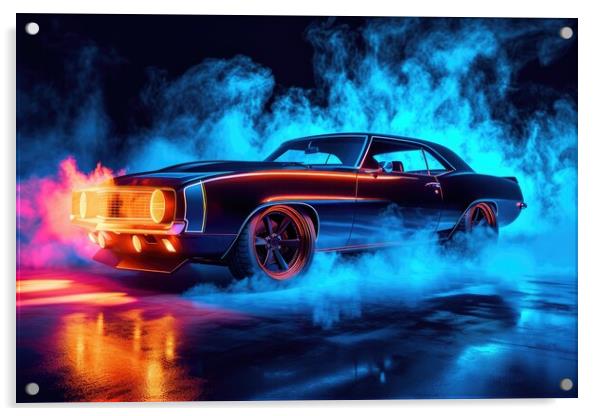 A custom tuned muscle car in a spectacular light. Acrylic by Michael Piepgras