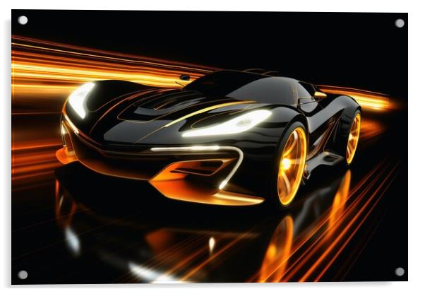 A fast modern hyper car with lightbeams showing the speed. Acrylic by Michael Piepgras